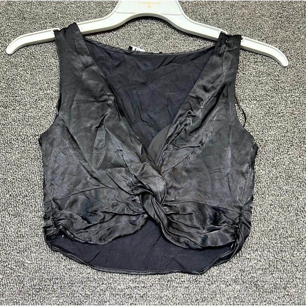 Zara Cropped Top Womens XS Black Lined Viscose Twisted Front Deep V Neck Outdoor
